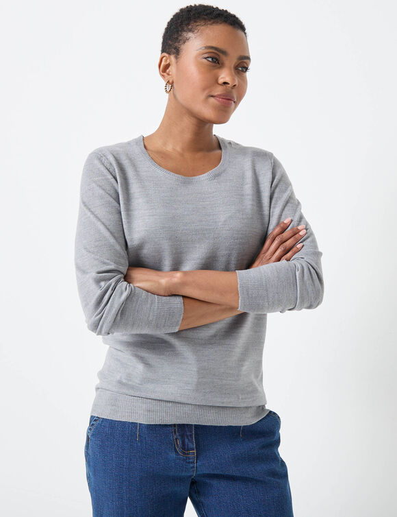 Pull col rond uni, manches longues, toucher doux (gris chiné) Pull col rond uni, manches longues, toucher doux (gris chiné)